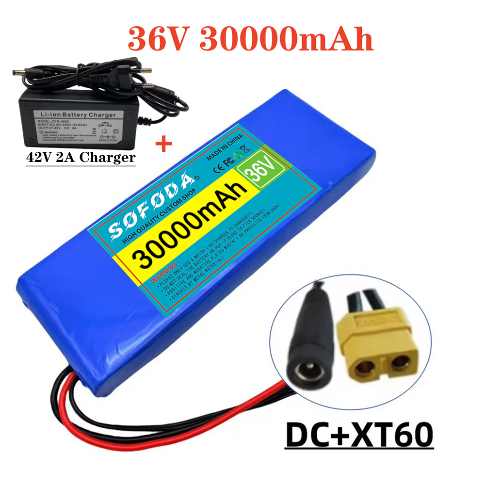 Große Kapazität 36 V 30000 mAh 10S1P 18650 Lithium-Ionen-Akku 30 Ah, mit BMS 500 W, ausgestattet mit 42 V 2 A Ladegerät: Elfenbein
