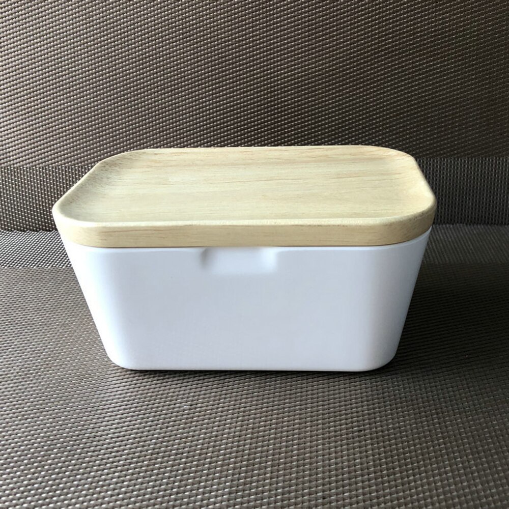 Caja nórdica de sellado de mantequilla, plato de cerámica blanco, con tapa de madera, bandeja de almacenamiento de queso, caja contenedora de platos de mantequilla,