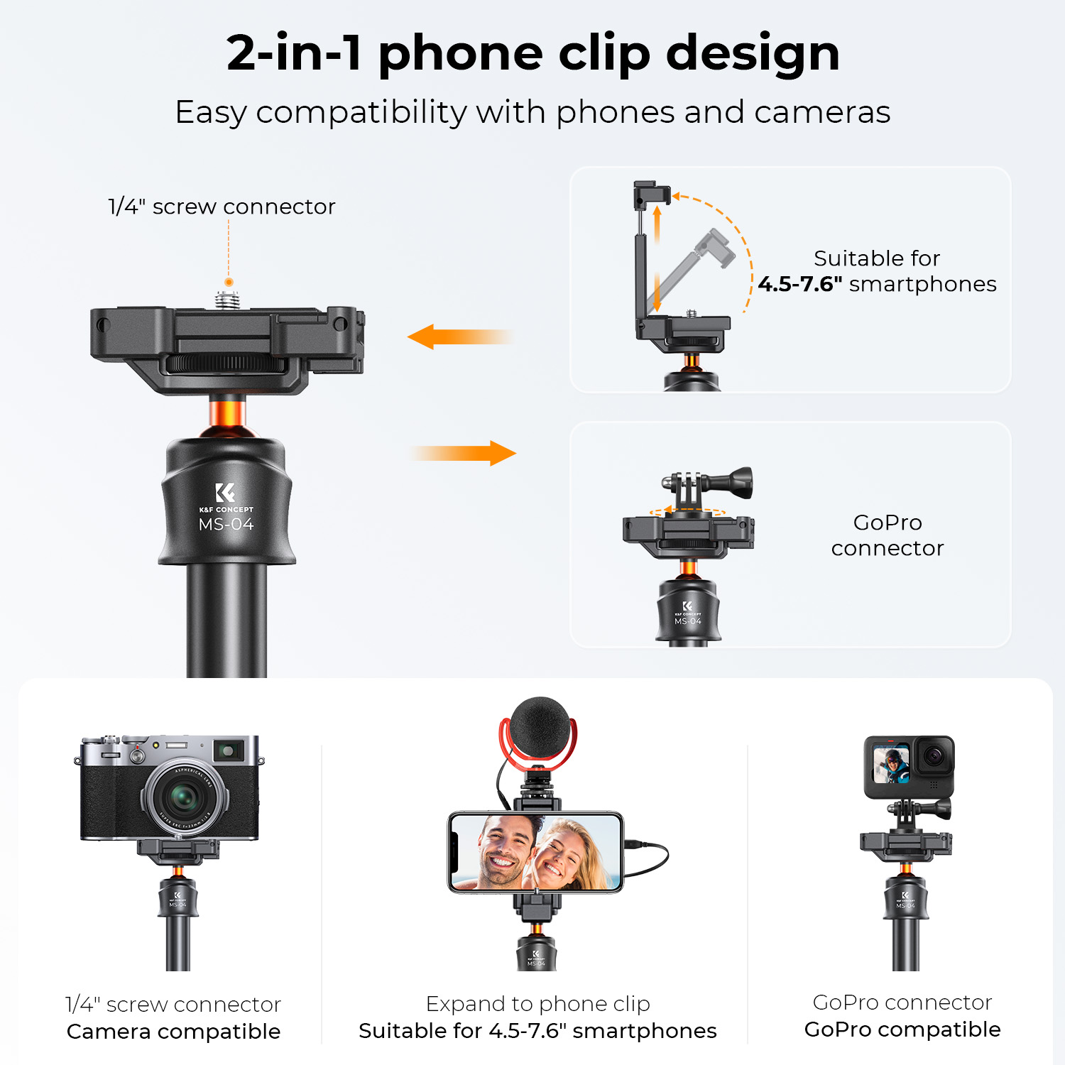 K&F Concept MS08 62''/1,58 m Statyw do telefonu Selfie Stick czarno-pomarańczowy z pilotem Bluetooth + adapter Gopro