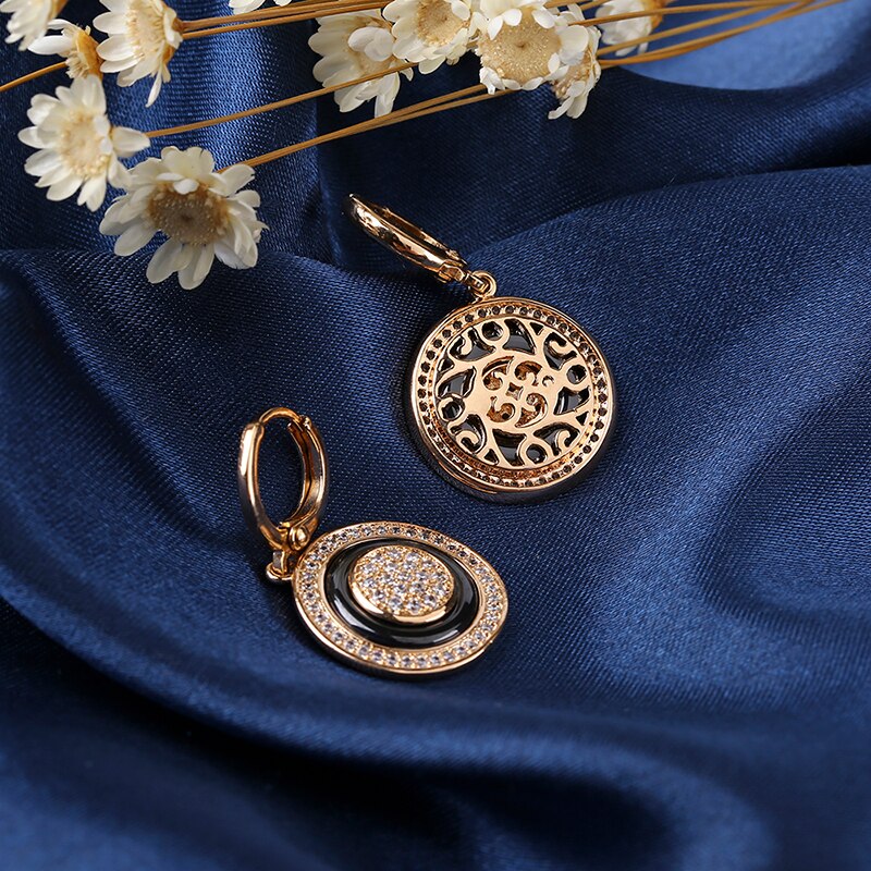 585 Rose Gold Ohrring setzt Für Frauen Elegante Schmuck Schwarz Keramik Ohrringe Mit Kristall Glänzende Hochzeit Engagement Party