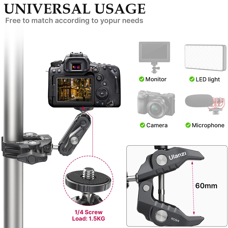 Ulanzi metal super braçadeira com duplo ballhead braço mágico para câmera luz mic monitor de vídeo braçadeira 1/4 3/8 fio para hastes gancho