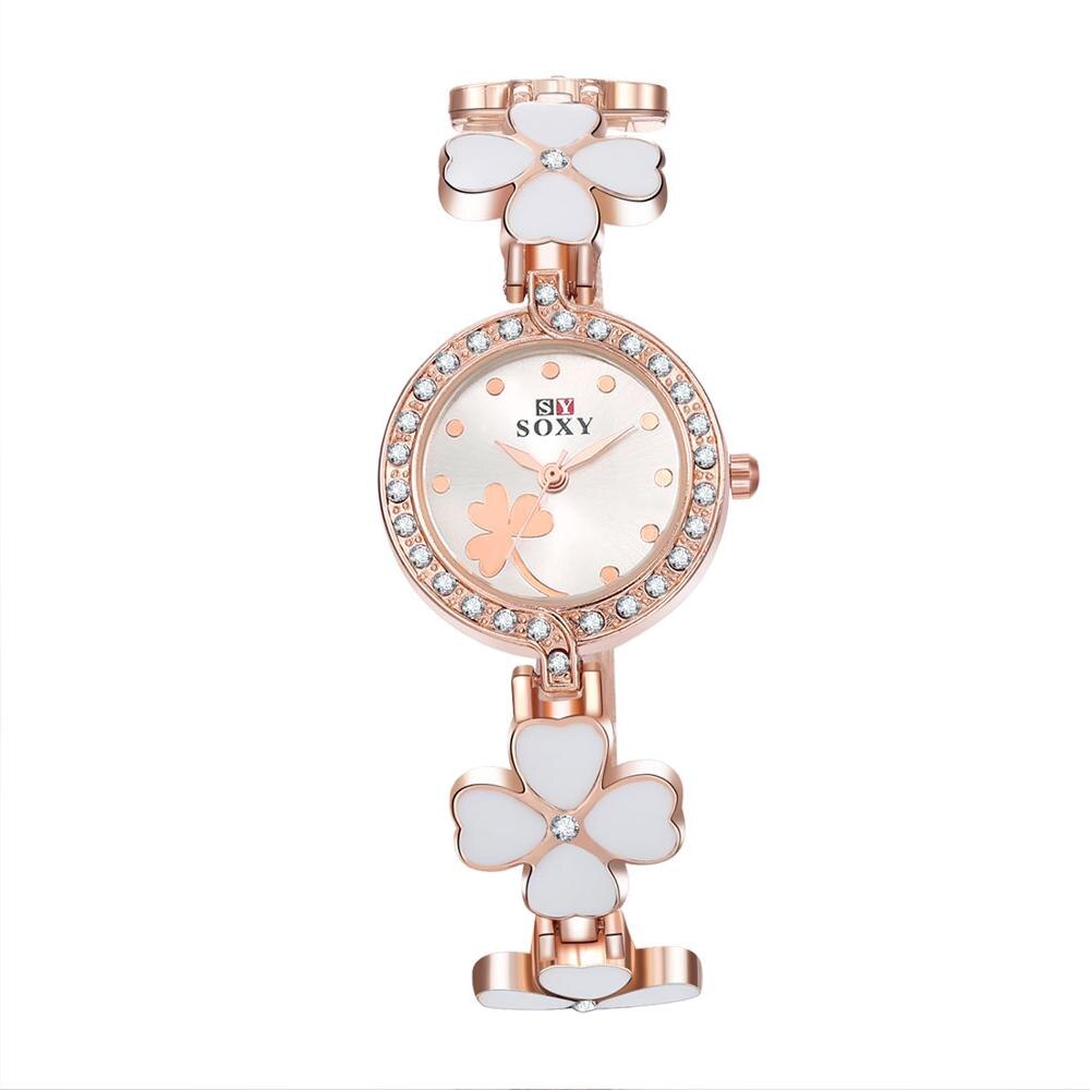 Soxy merk roségouden armbandhorloge dames luxe quartzhorloge met strass, volledig stalen bloemenhorloge dameshorloge relogio feminino: Wit
