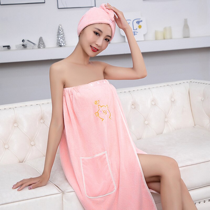 2 Pcs/set Thickened Coral Fleece Bath Towel for Women Absorbent Quick-Drying Bath Skirt Soft Comfort Shower Washcloth: pink