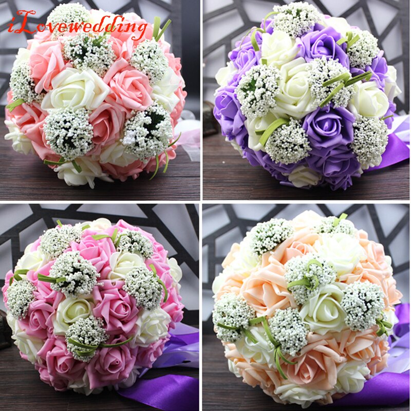 Ilovewedding brudebryllup buket buket bånd håndlavet 30 stk pe roser bryllup blomster brude buketter lilla