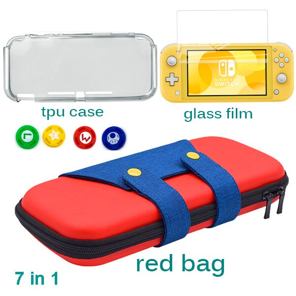 3 In 1 for Nintend Switch Lite Carrying Bag Switch Mini Protector Case for Nintendo Switch Mini Accessories Storage Glass Film: red 7 in 1