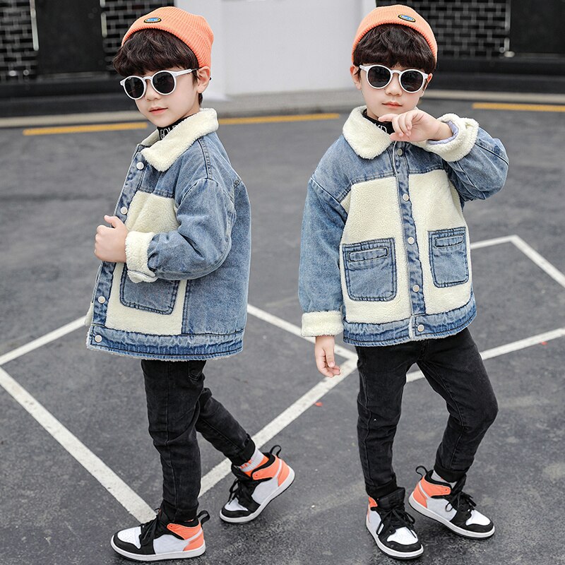 Thick Velvet Kids Winter Jean Coat Autumn Hooded Warm Boys Parkas Drawstring Mid-long Denim Jackets Outerwear