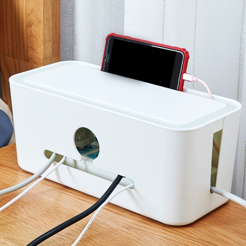 Cable Management Box Charger Socket Adapters Power Strips Wire Storage Case Hide Bin Desk Organizer with Phone Stand