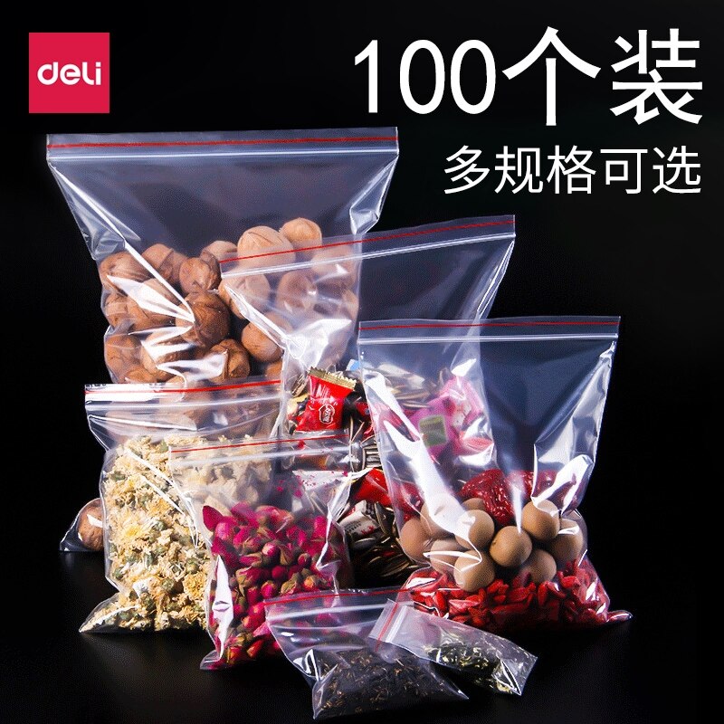 Deli 100 Stks/pak Hersluitbare Zip Lock Tassen Zelf Seal Clear Plastic Poly Bag Plastic Zakken Voedsel Opslag Hersluitbare Vacuüm Verse tas