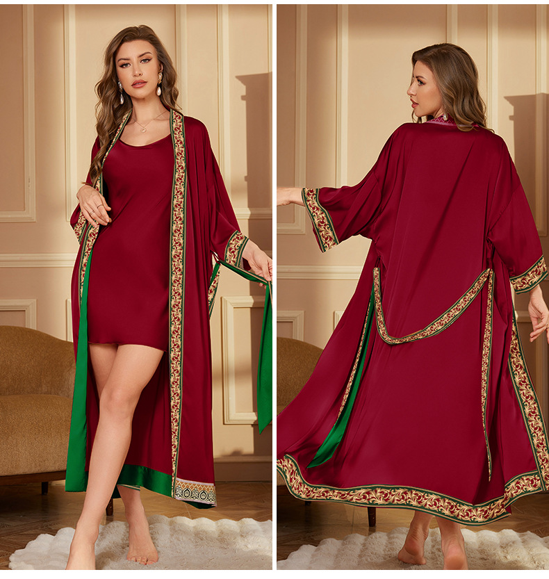 Robe de mariée de mariage Robe de chambre Sexy bordeaux peignoir chemise de nuit printemps été 2 pièces ensemble de vêtements de nuit Satin Homewear vêtements de détente: L / Beige