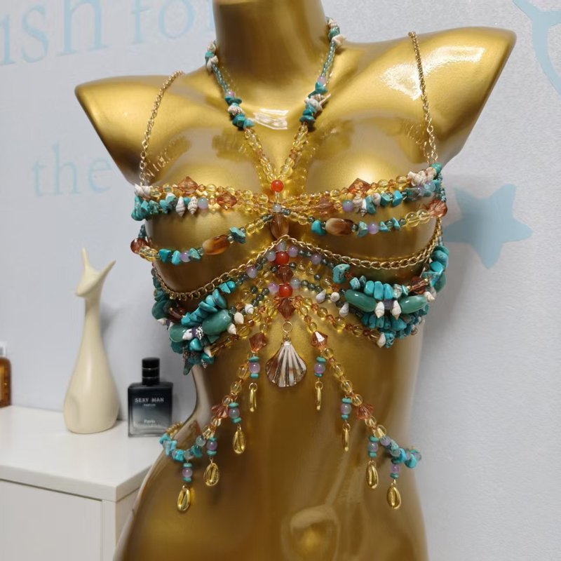 BELLARAVE Womens Handmade Beaded Bra Halter Body Chain Chest Chain Tank Top Festival Party Jewelry Accessories