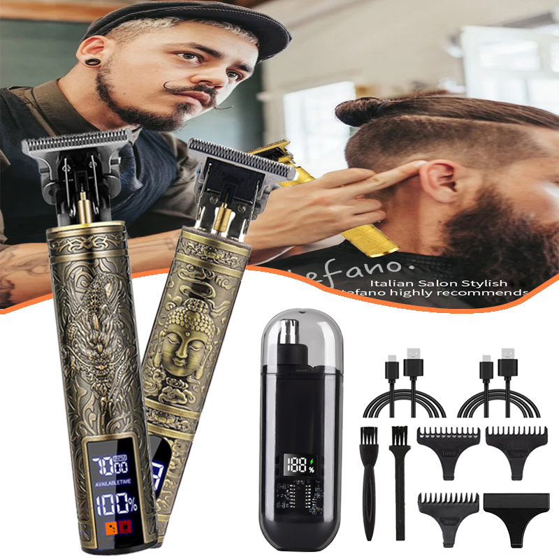 Vintage T9 Barber Clipper - Dragon Engraved Trimmer, Grade USB Fast Charge for Men's Hair/Beard/Body Grooming