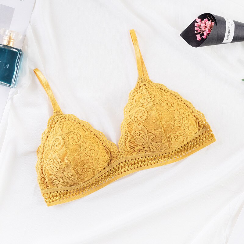 CHRLEISURE French Triangle Cup Lace Bra Back Buckle Beauty Back Underwear Wireless Gather Bras For Women Small Breasts: Gold