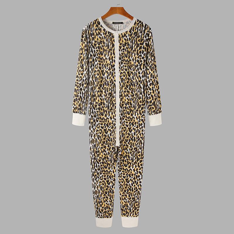 Men Pajamas Jumpsuit Leopard Print Long Sleeve O Neck Nightwear Cozy Fitness Leisure Rompers Men Overalls Homewear INCERUN: 5XL