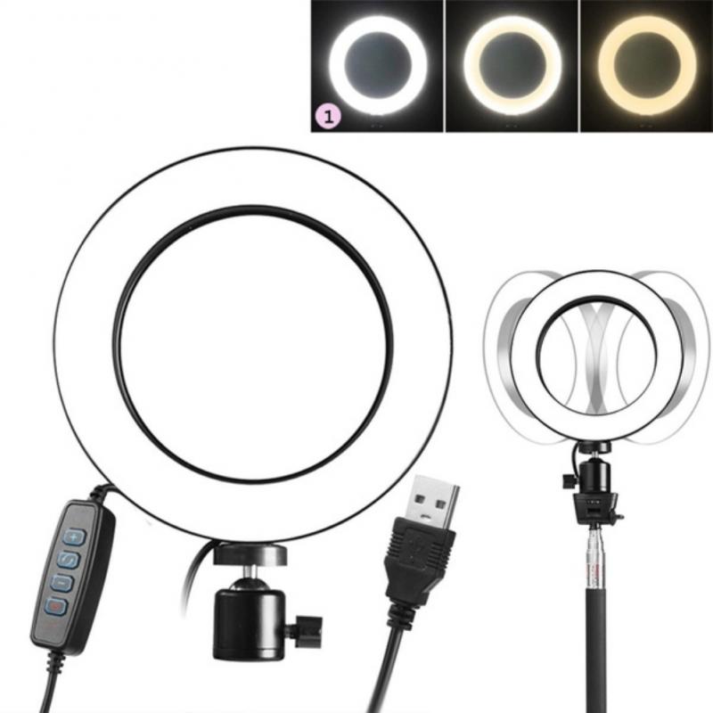Iluminación fotográfica, LED de anillo Selfie con carga USB, luz de relleno para lente de fotografía, trípode de 3 niveles de brillo ajustable