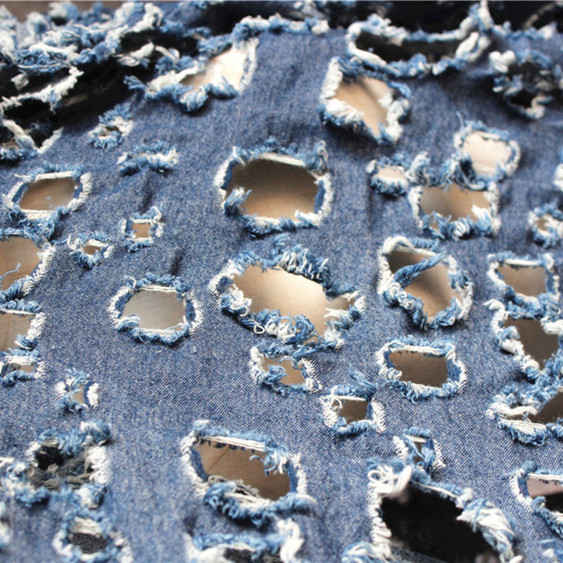 Blauw gat 3d wassen denim katoenen stof dubbelzijdig uitgehold diy jeans jas jas broek jurk stof 50*140cm