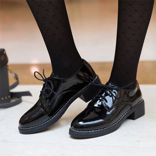 femmes Oxfords femmes lacer bureau chaussures plates dames en cuir solide chaussures femme bout rond couture confortable chaussures: Bright black / 6
