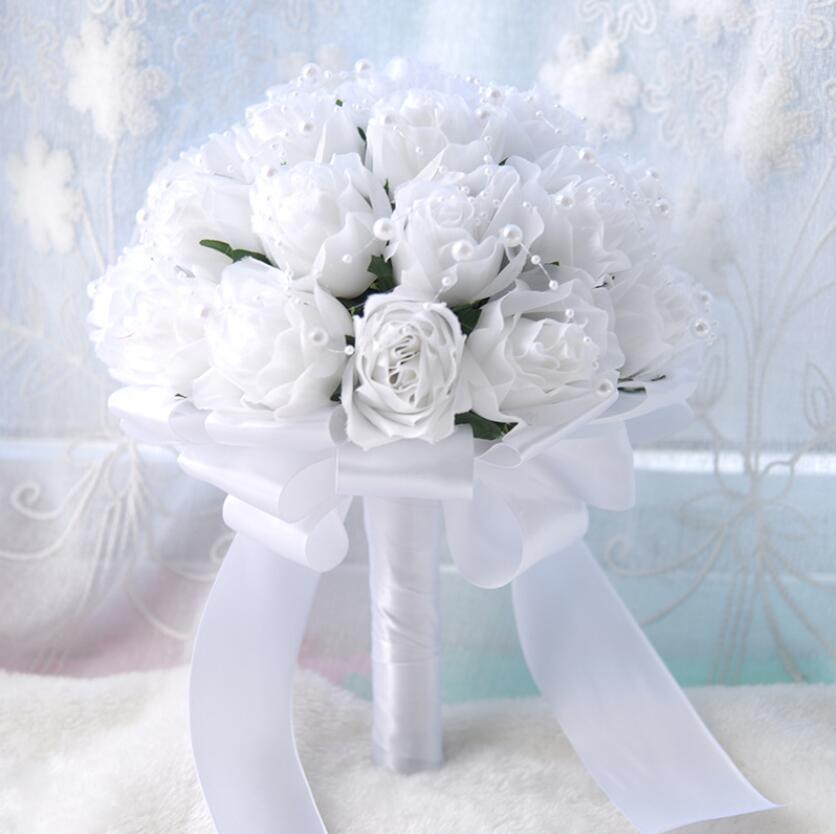 Rose Wedding Bouquets Handmade Bridal Flower Wedding Party Wedding Accessories Flowers Pears beaded with Ribbon S127: White