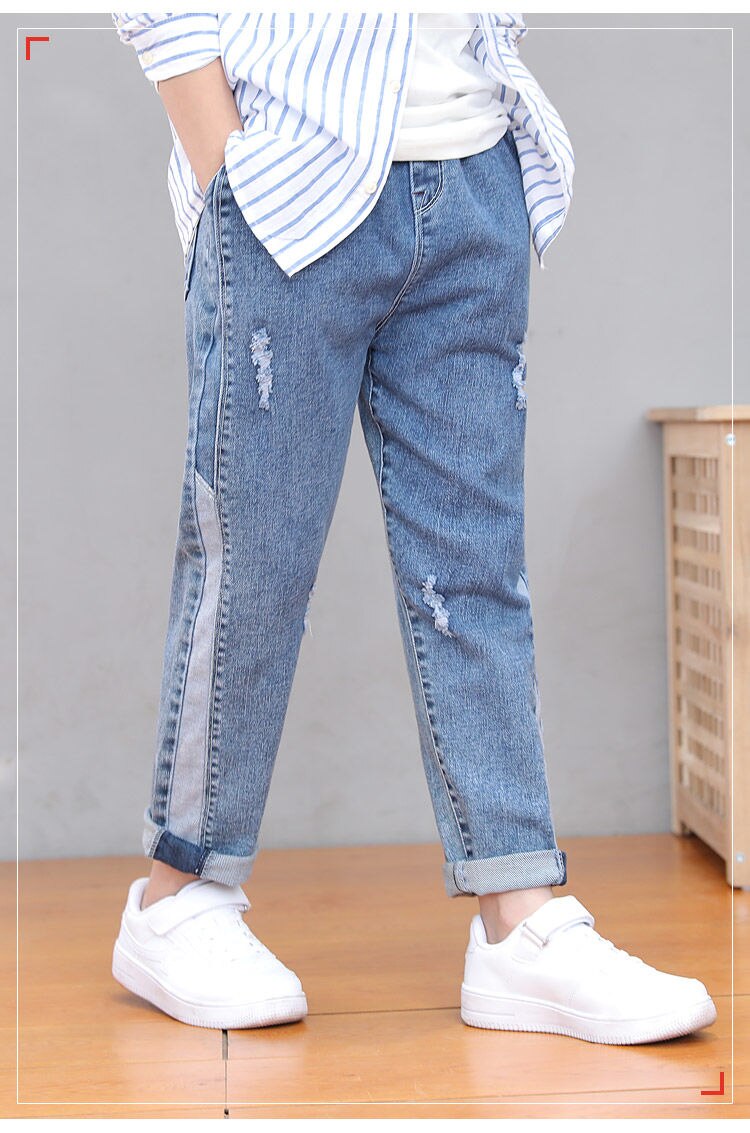 Spring Denim for Boys Solid Ripped Children's Jeans Elastic Waist Jeans Kids Boys Casual Autumn Clothing for Boys 6~14 Years C79