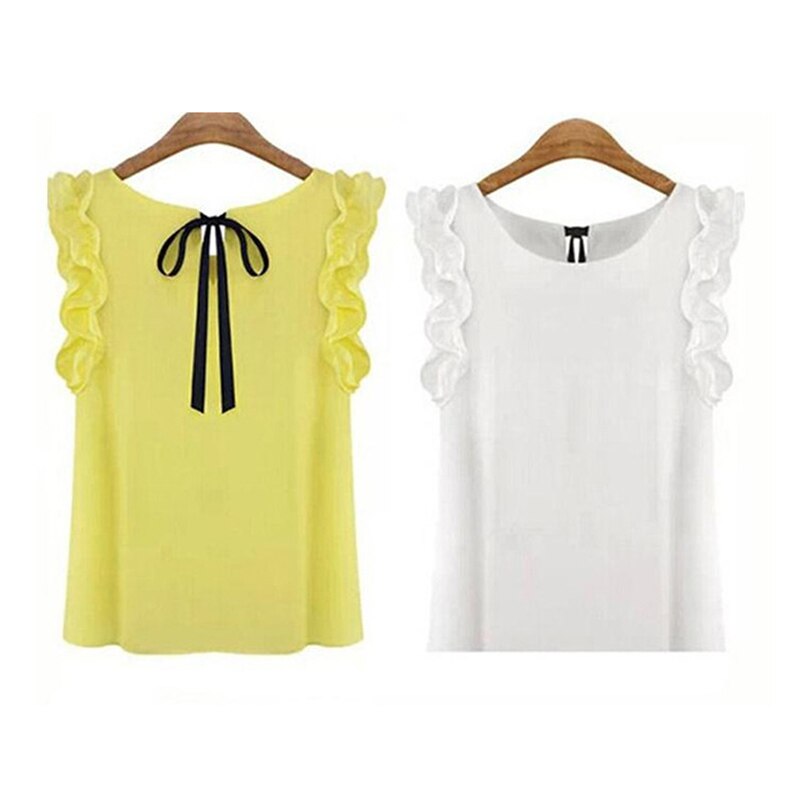 Zomer Sexy Chiffon Shirt Vrouwen Elegante Mode Strikje Blouse Casual O-hals Vlinder Mouwloze Witte Vrouwen Blouse