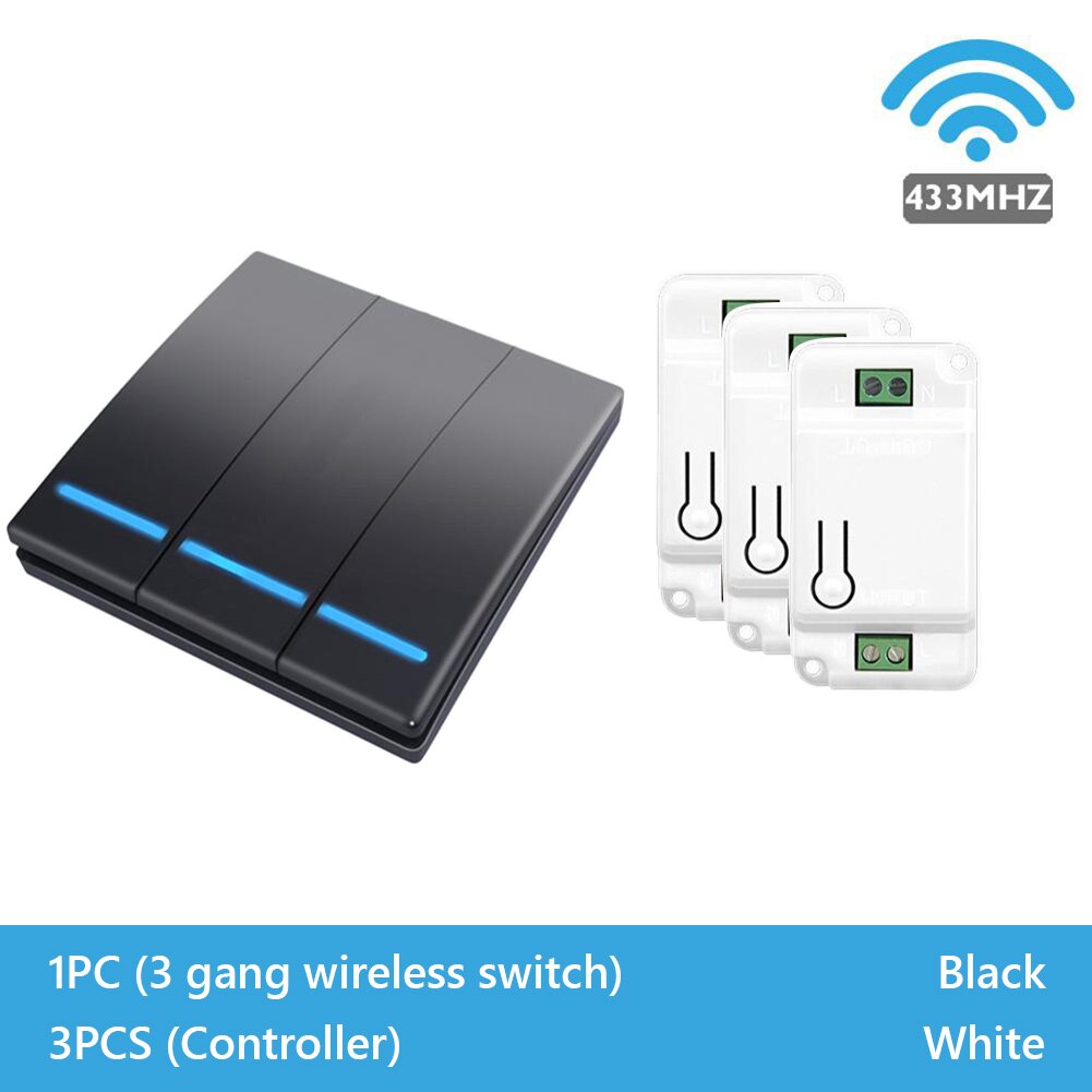 433Mhz wireless Wall Switch rf 86 wall panel transmitter Safety Switch and AC 110V 220V relay interruptor for Light Lamp: black 3 Gang 3Switch