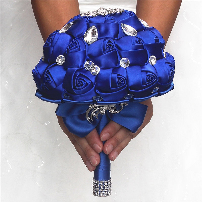 Wifelai-Een Prachtige Bruiloft Bloemen Royal Blue Zijden Lint Rose Bruidsboeketten Holding Bloemen Met Crystal Buque De Noiva w291