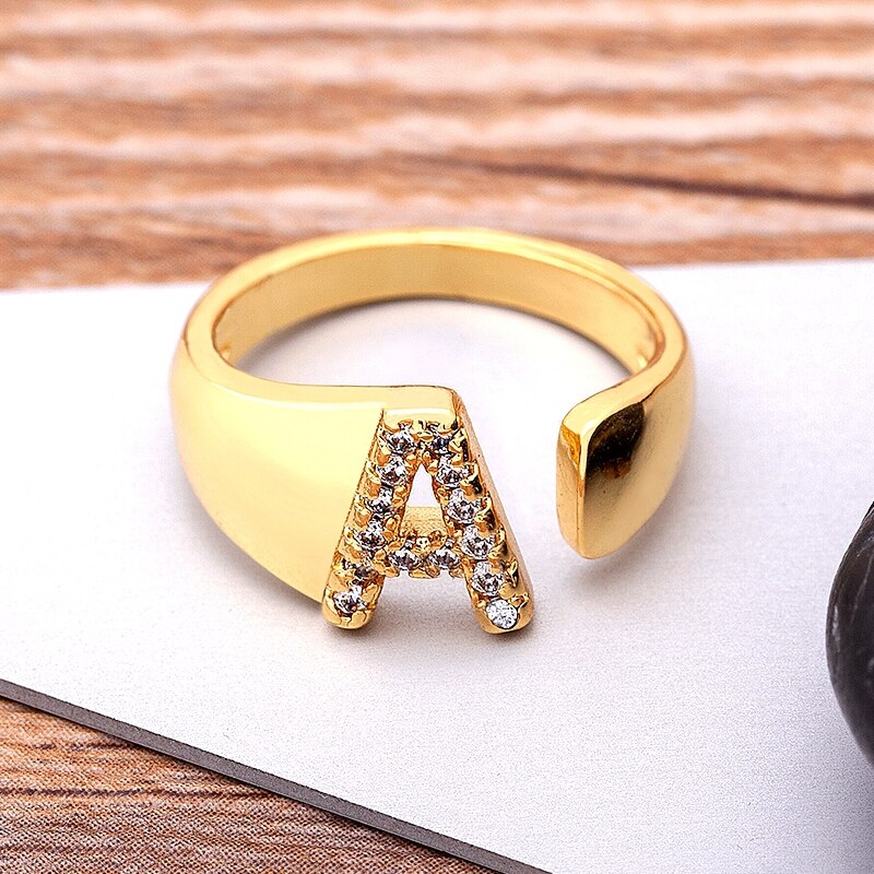 Hollow A-Z Letter Gold Color Adjustable Opening Ring Initials Name Alphabet Female Party Wedding Trendy Copper CZ Jewelry