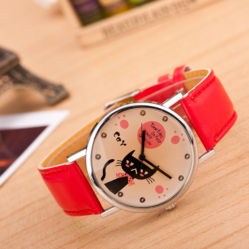 Hesiod Luxe Zwart/Rood/Oranje Lederen Vrouwen Jurk Horloges Horloge Kat Armband Horloge Vrouwelijke Ronde Klok Quartz Horloges