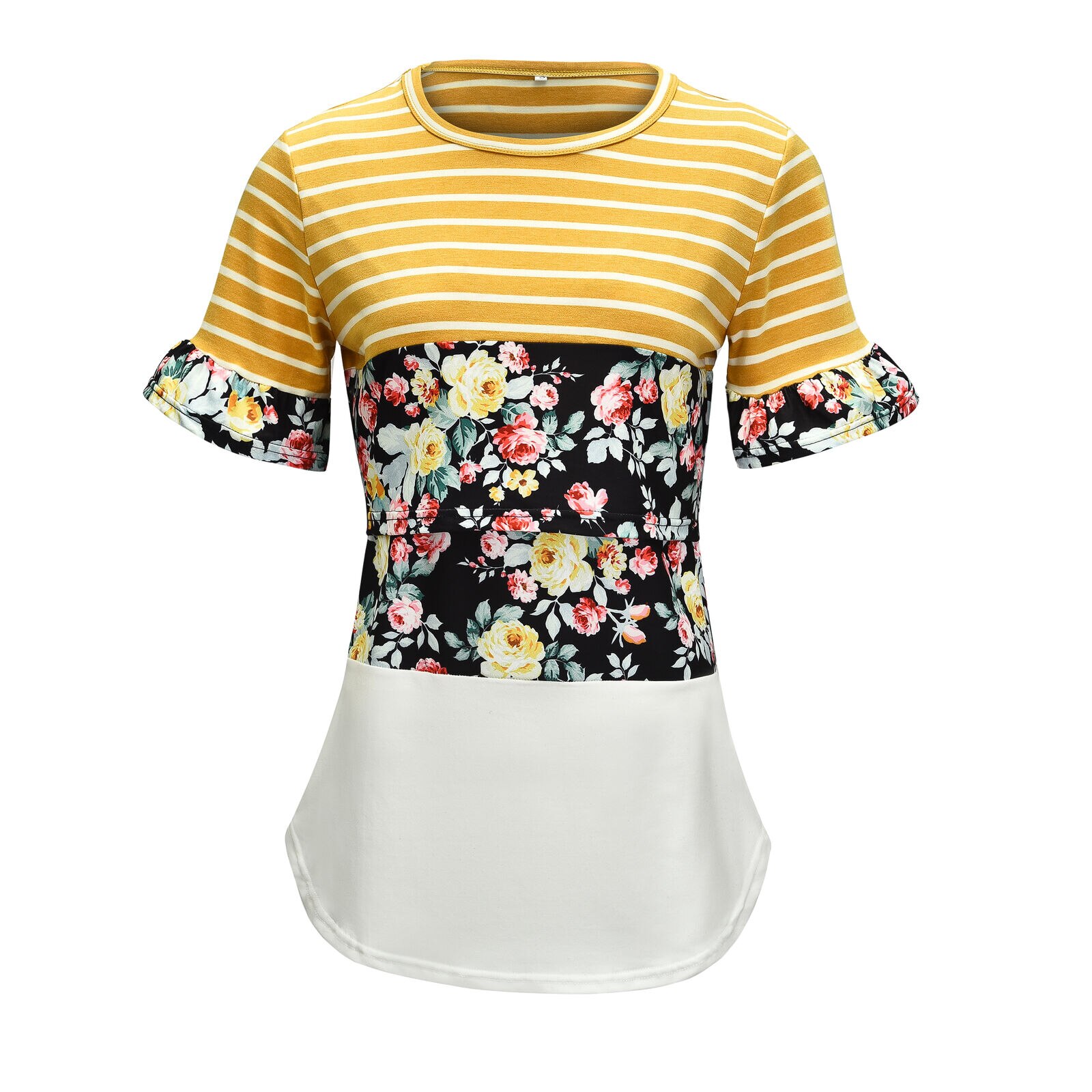 Kortærmede t-shirts til gravide med stribede blomstrede ammeoverdele: Hvid gul / Xxl