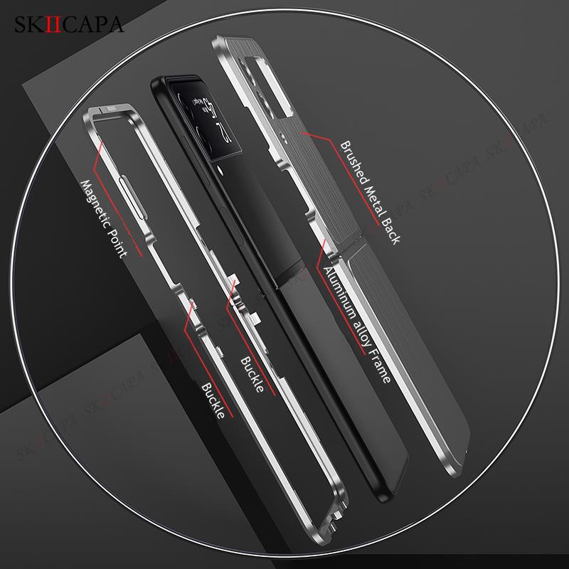 Magnetische handyhülle aus gebürstetem metall für samsung z kippen 3 5g rahmen aus aluminiumlegierung, hartschalen-schutzhülle mit schnalle für Galaxis z kippen 3 5g -f711b