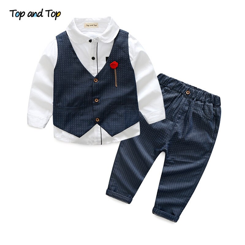 Top and Top Boy Clothes Set Boys Formal Suits Cotton Bow Tie Long Sleeve Shirt+Vest+Trousers 3Pcs Kids Gentleman Outfit: Gray / 6