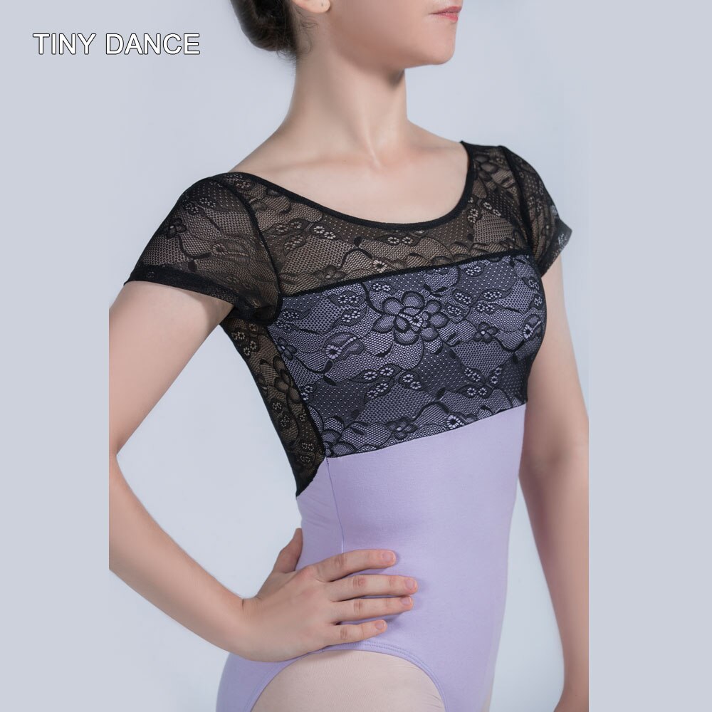 Black Lace Short Sleeve and Lilac Cotton Leotard for Adult Ballet Dance Wear Practice Leotard Size XS to XL Elastic Wear 01D0164