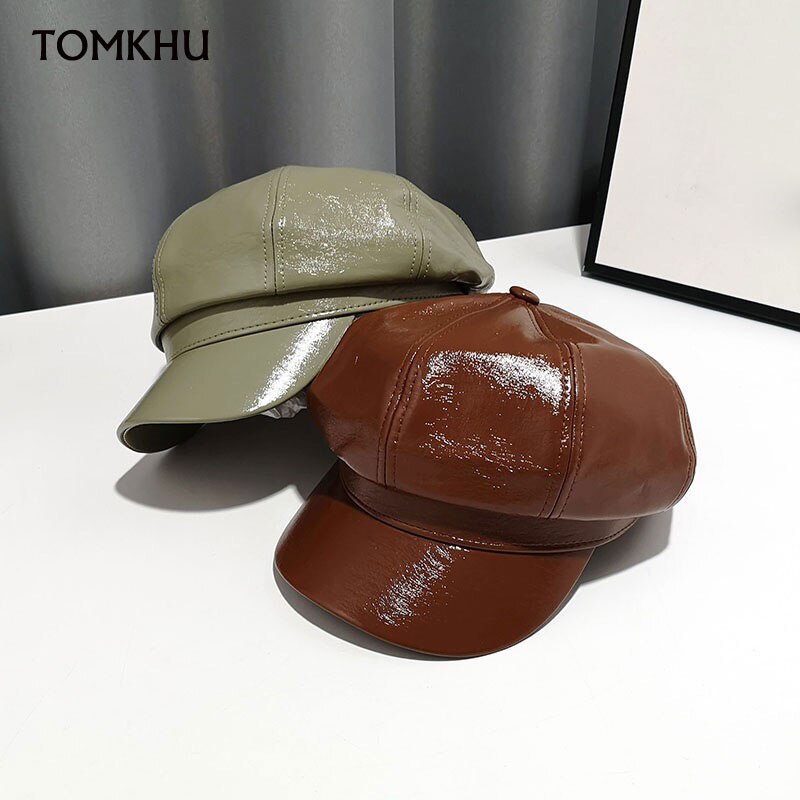 Eleganckie czapki dla kobiet jasny sztuczny skórzany rondo ośmiokątny kapelusz dorywczo beret jesień czapka zimowa brytyjskie kapelusze retro dama koreańnarty