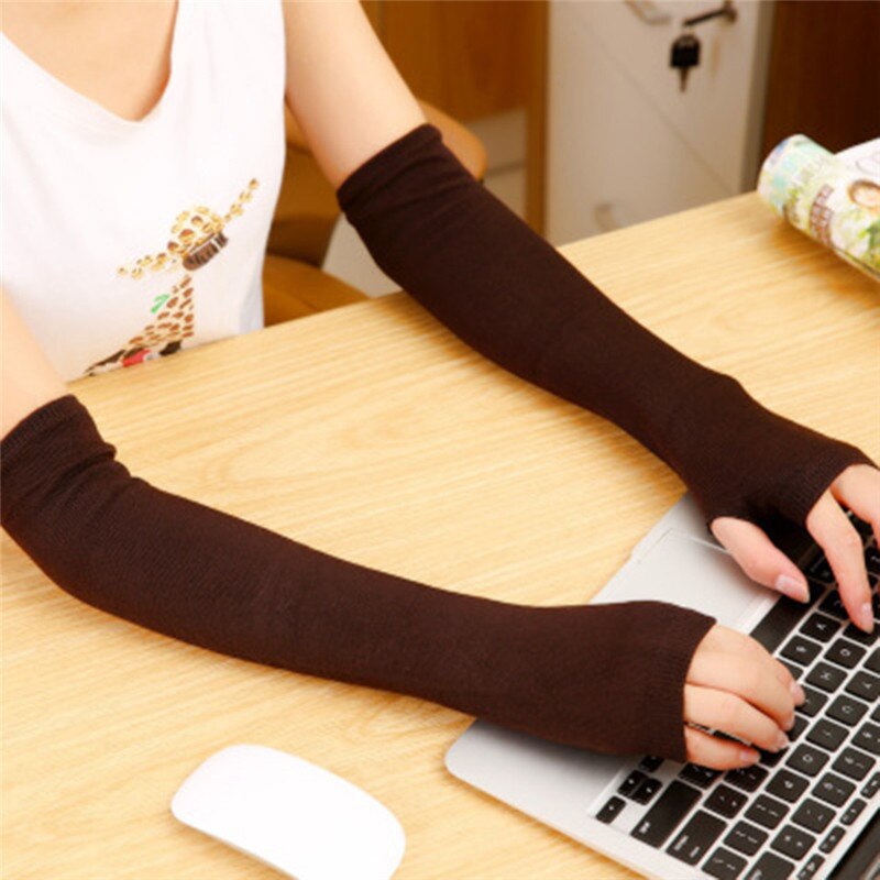 Kvinder piger strikkede fingerløse lange handsker striber trykt over albuen længde vinter elastisk arm varmere ærmer med tommelfinger hul: Sort