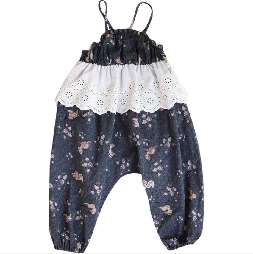 Zomer Print Overalls Meisjes Kant Patchwork Jumpsuits Kinderen Rompertjes Broek 3-12Y Ws1650: black / 8