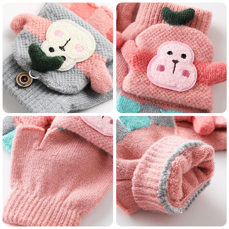 Bebê dos desenhos animados luvas de inverno da menina do menino luvas de malha quente conversível flip top fingerless luvas para crianças da criança crianças