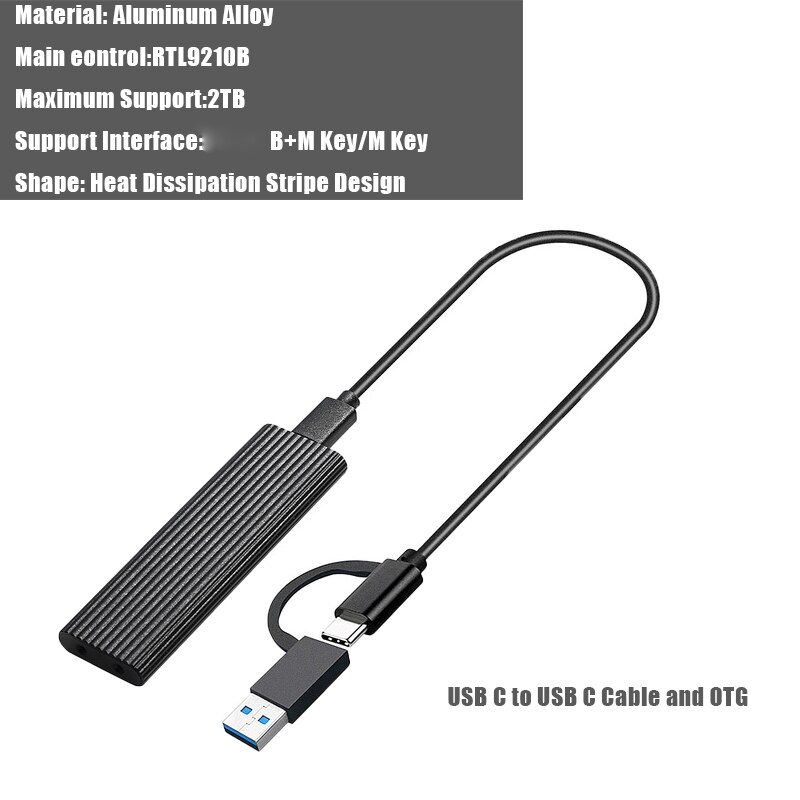 GUDGA – boîtier SSD Nvme avec double protocole OTG vers USB 3.1, adaptateur de disque dur Portable pour SSD M.2 2230/2260/2280/2242: Case OTG  Black