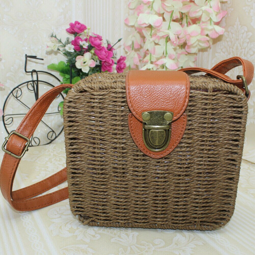 Bolsa de palha rattan feminina, nova bolsa quadrada de palha trançada para mulheres, transversal, praia, bolsa de verão, bolsa de mensageiro, imperdível: Coffee