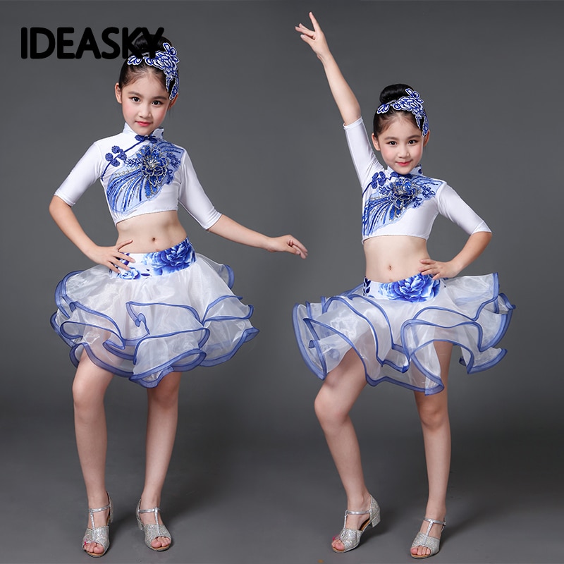 latin dance wear for girls latin salsa dress ballroom tango dresses kids spandex children rumba costumes set skirt white blue