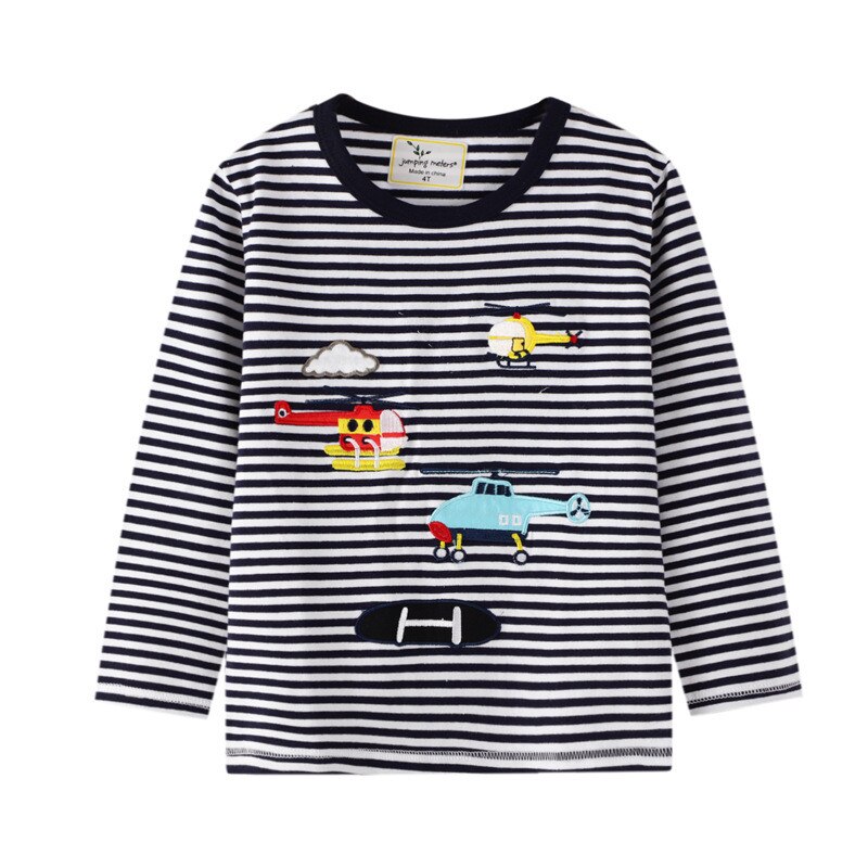 Springen Meter 2-7T Baby Katoenen Kleding Vliegtuigen Applique Streep Kinderen Lange Mouw T-shirt Kids Tops: T7247 NAVY / 4T