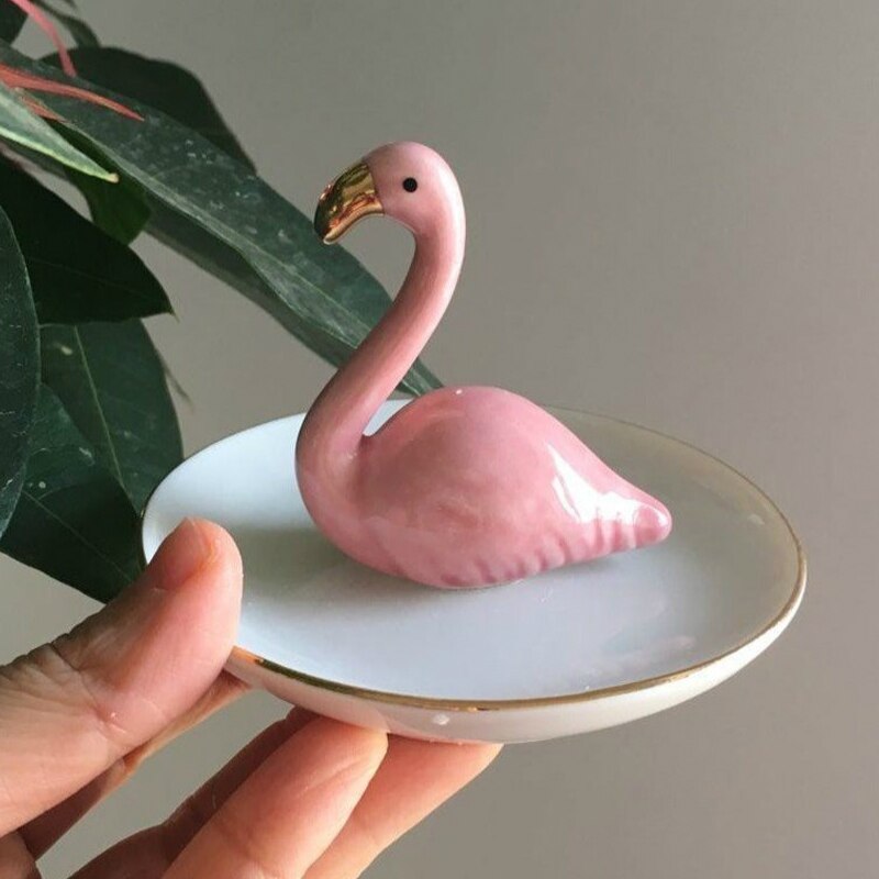 Narwaldate forgyldt keramisk flamingo ring smykkeholder fadorganisator display øreringe armbånd nøgle halskæde badeværelsesvask organiser