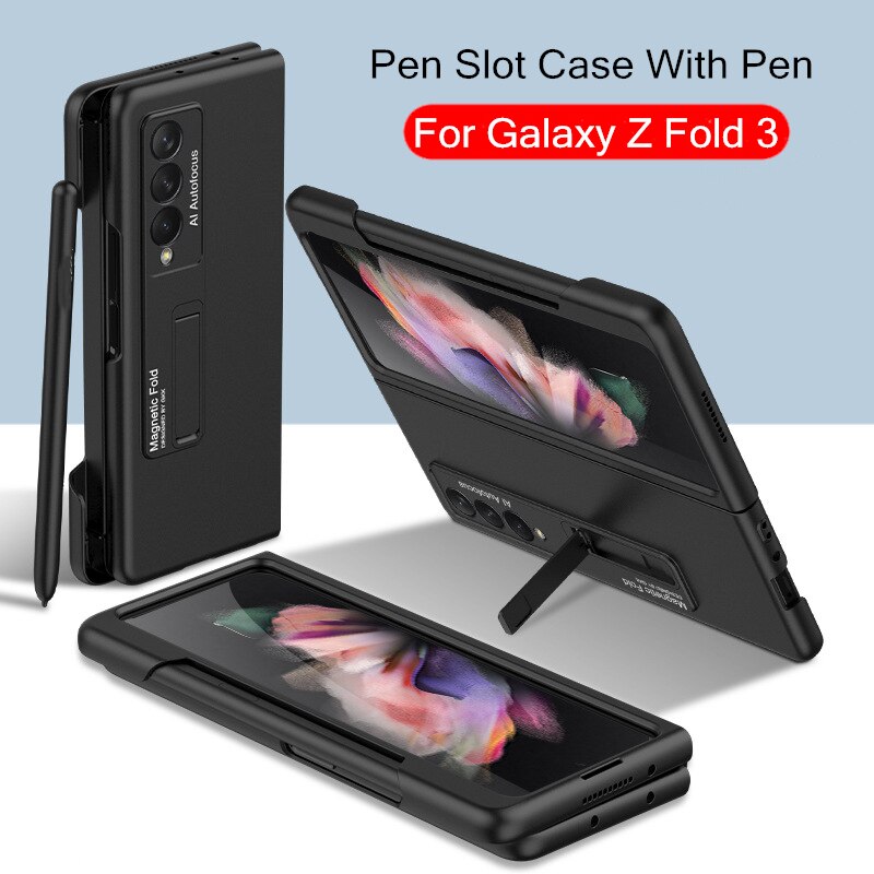 Magnetische Kickstand Pen Houder Slot Case Voor Samsung Galaxy Z Vouw 3 Case Met Mobiele Telefoon Stylus Pen Matte Hard pc Cover