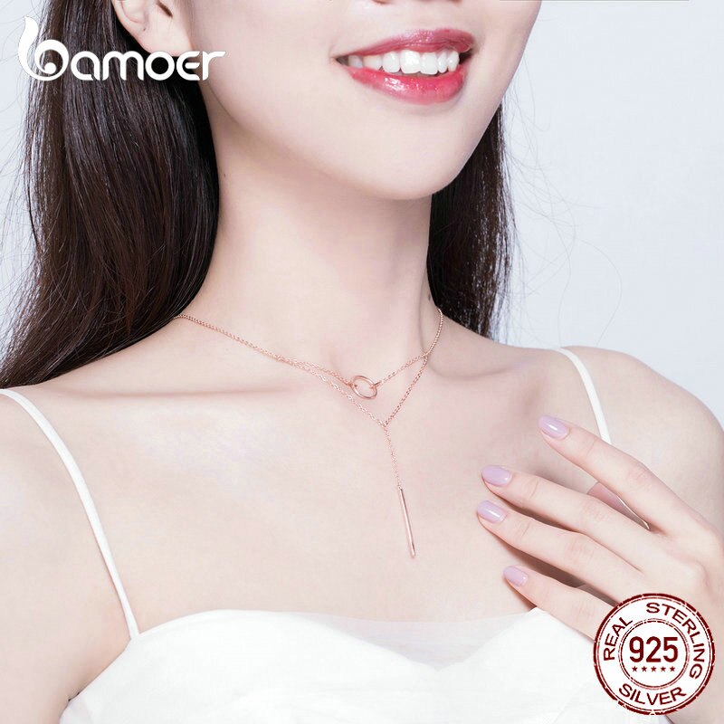 Bamoer Doppi Strati Geometrica Collana Girocollo per Le Donne Autentico 925 Argento Sterlina in Oro Rosa di colore Gioelleria Raffinata E Alla Moda BSN078