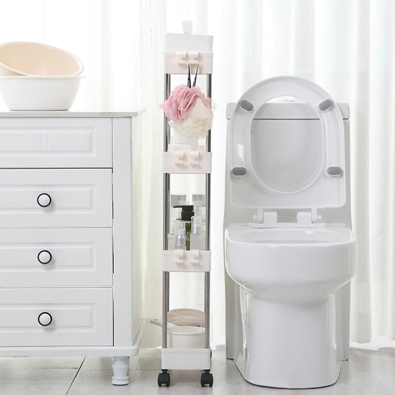 4 Layer space Kitchen Storage Rack Slim Slide Tower Movable Assemble Plastic Bathroom Shelf Space Saving Organizer-White