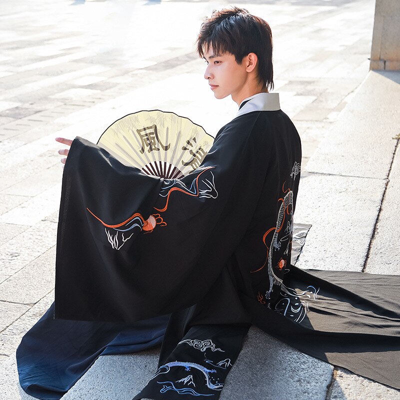 Mannen tang pak oude hanfu volkskleding zwarte geborduurde drakenjas lange jurk mannelijke festival rave outfit dnv 12442