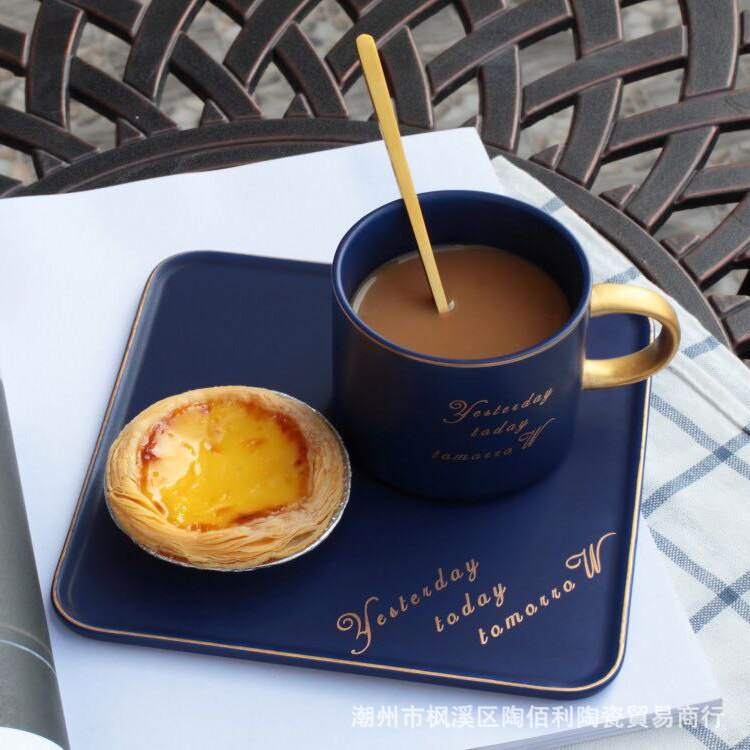 Porcelain Coffee Cup Simple Gold Rim Luxury Breakfast Arabic Coffee Set With Spoon Black Tazas Cafe Home Garden BE50CU: blue