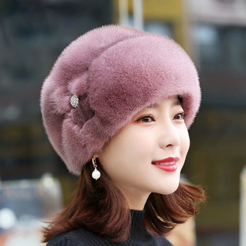 Faux Fur Trimmed Winter Hat for Women Fashionable Outdoor Warm Hats Birthday NIN668: Pink