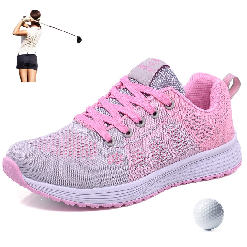 Kvinder golfsko sommer dame sportssko lette åndbare behagelige græs gåsko trend kvinde golf sneakers: Grå lyserød / 3.5