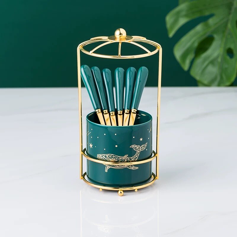 Nordic Ceramic Stainless Steel Fruit Fork Storage Tube Dessert Fork Cake Fork Fruit Fork Storage Pot Living Room Fruit Fork Set: 6 forks pot rack 8
