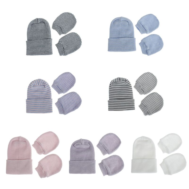 2Pcs Baby Anti Scratching Soft Cotton Gloves Double Layers Hat Set Protection Scratch Mittens Warmer Cap Kits