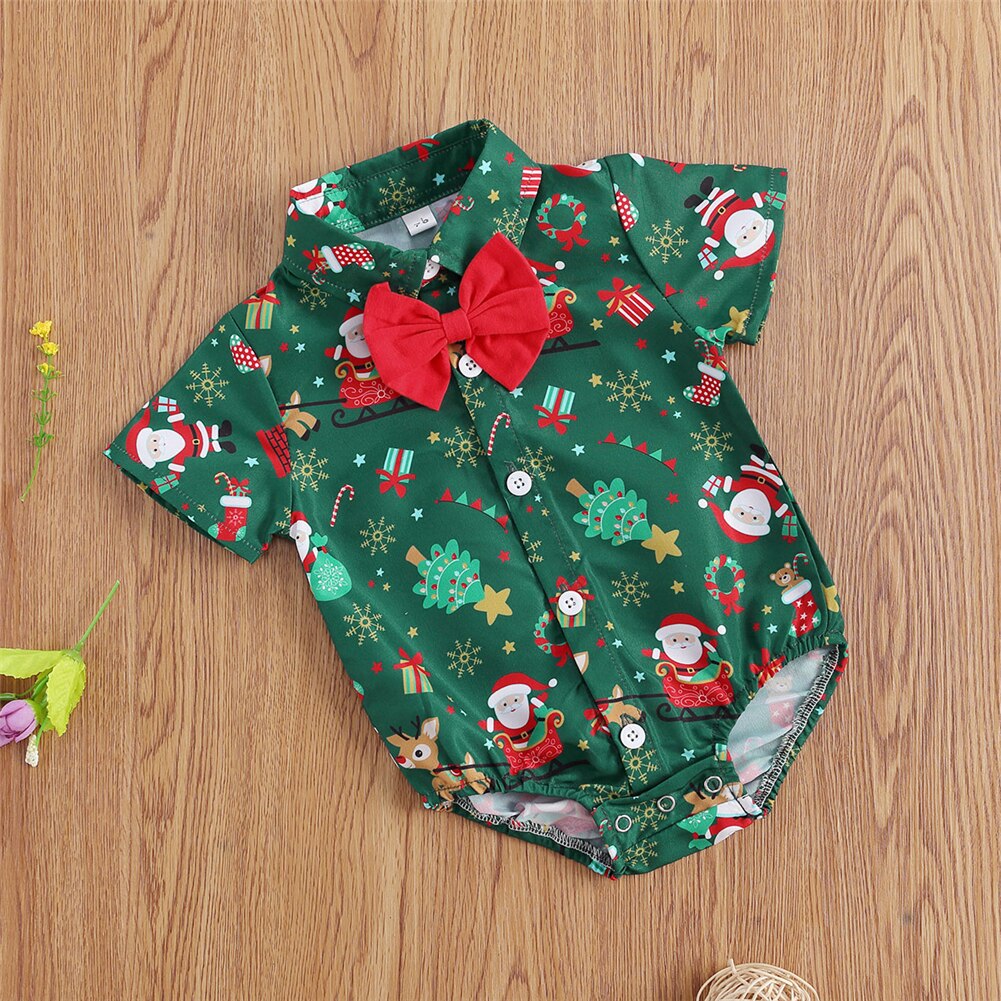 2020 bebê roupas de natal 0-24m bebê meninas meninos bodysuits santa impressão manga curta gravata borboleta cavalheiro festa camisas macacões: green / 24 m